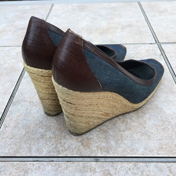 Fendi peep toe denim trim wedge espadrilles 37.5 - Picture 14 of 15
